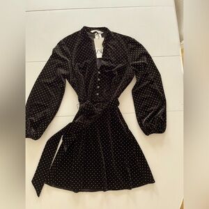 New! Zara , Black velour dress, Gold studs, Tie belt . Size XS